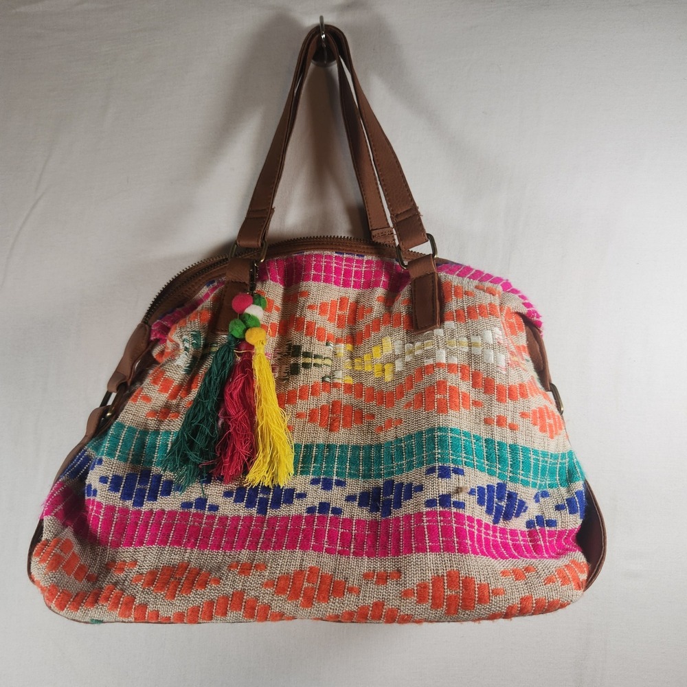 Aldo Woven Geometric Satchel Bag Multi Color Boho Tassel Handbag Brown Trim